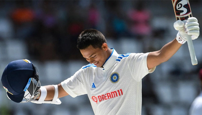 Yashaswi celebrating after his test debut century.